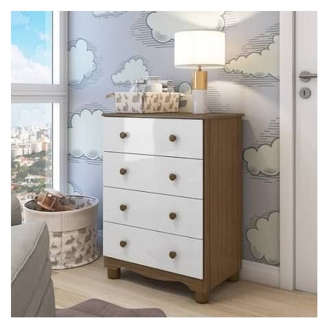 Cômoda Infantil Peroba Júnior Simples MDF Branco c/ Carvalho