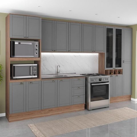 Cozinha Completa com Balcão Milla Verso 17 Portas 3 Gavetas MDP MDF 380cm Nogal com Cinza Titânio