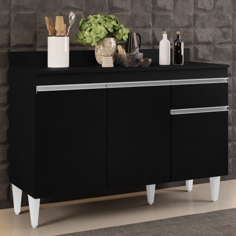 Balcão Gabinete 120cm Com Tampo 3 Portas 1 Gaveta Arizona Preto - Lumil Móveis