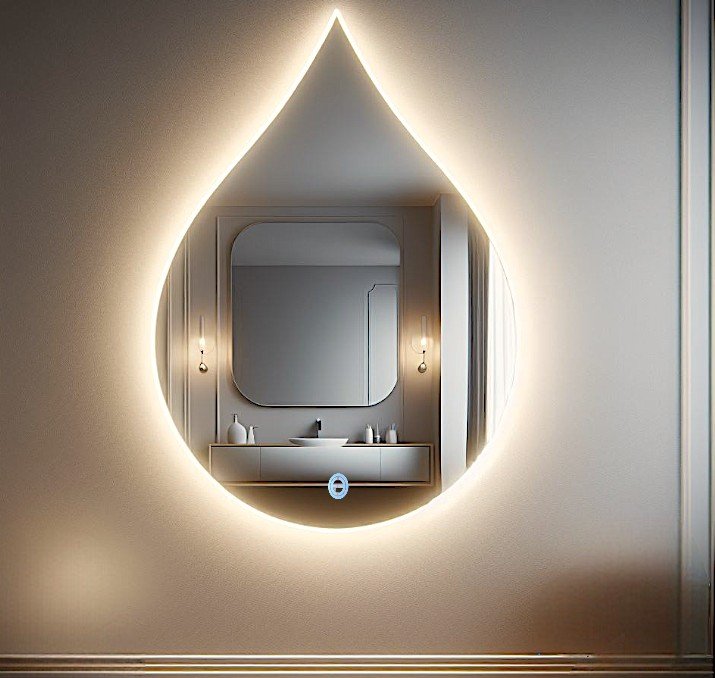Espelho Led Organico Formato Gota Estrutura de Aluminio com Luz Iluminação Botão Touch Screen 43x59 - 1