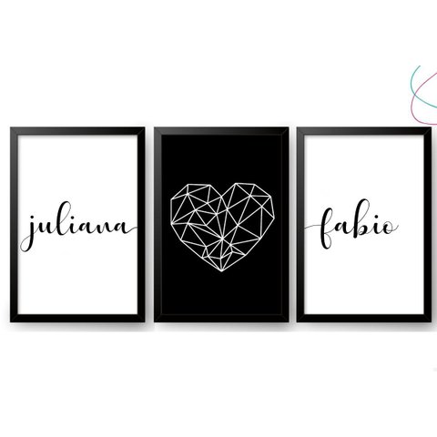 Kit 3 Quadros Decorativos Quarto Casal C/ Nome Personalizado:preta