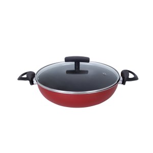 Frigideira Panela Wok 30 Cm Antiaderente Grande Tacho Com Tampa Vidro Vermelho