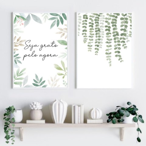 Kit 2 Quadros Decorativos Seja Grato - Folhas 45x34cm - com Vidro:madeira Preta
