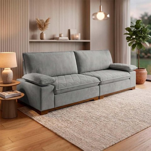 Sofá Living Siberian 2,30m Bouclê Cinza Braço Reclinável - King House