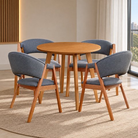 Kit Cadeiras Lithi Confortáveis e Resistentes em Linho & Mesa Leda 90cm Compacta Design Versátil