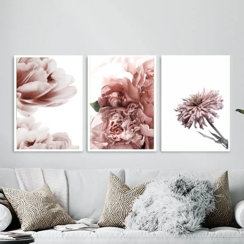 Kit 3 Quadros Fotos Flores Tons Rosê 24x18cm - com Vidro:moldura Branca