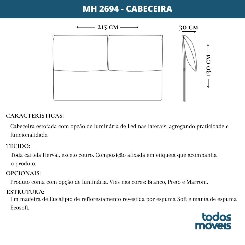 Cabeceira MH-2694 Herval Estofado King para Colchão 193 cm sem luminária Linho Bege C - 5