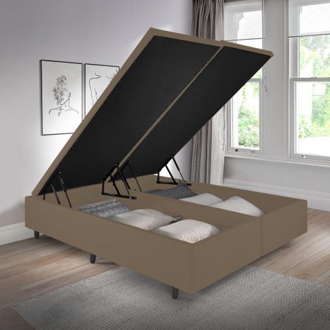 Cama Box com Baú King 193x203 com Pistão a Gás Courino Linho