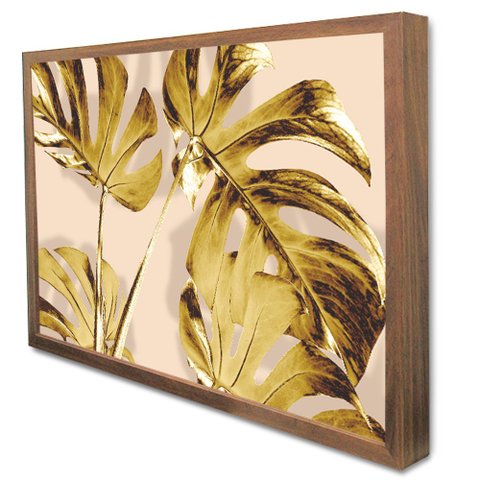 Quadro Decorativo Caixa Alta com Vidro Floral Folhas de Ouro TaColado Moldura Madeira 90 x 60cm