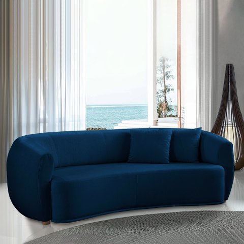 Sofá Decorativo Sala de Estar Curvo Esther 3 Lugares 210cm com Almofadas Pés em Madeira Linho Azul M