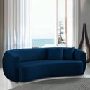 Ver imagem 1 de Sofá Decorativo Sala de Estar Curvo Esther 3 Lugares 210cm com Almofadas Pés em Madeira Linho Azul M