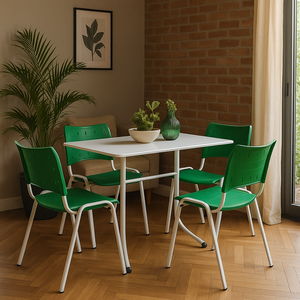 Jogo Mesa 120x70 para Restaurante Comércio com 4 Cadeiras Iso Verde Base Branca Ecomhome