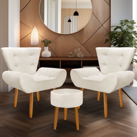 Kit 2 Poltrona Emilia +puff Redondo Decorativo:bege