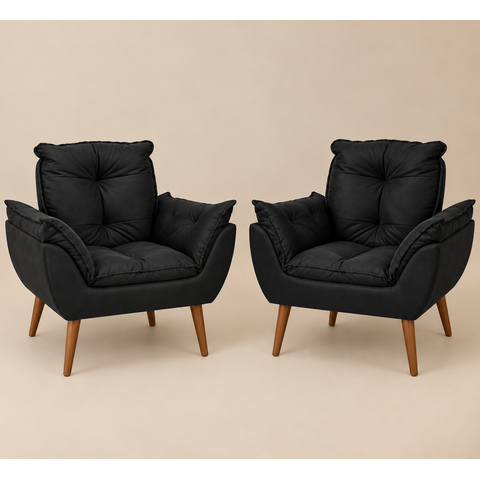Kit 02 Poltrona Decorativa Opala Suede Preto Sala Clinica