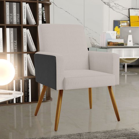 Poltrona Decorativa Maria W01 Pés Palito Linho Bege Couríssimo Preto - Lyam Decor