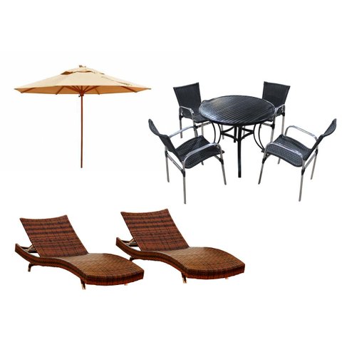 Kit 4 Cadeiras e Mesa Ascoli, 2 Espreguiçadeiras Bona e Mesa com Ombrelone - Piscina, Jardim, Á - Ar