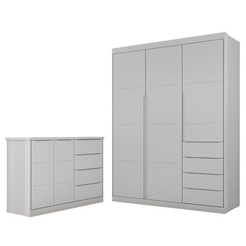 Jogo de Quarto Infantil Guarda Roupa 2 Portas e Cômoda 4 Gavetas Lua P04 Cinza - Mpozenato