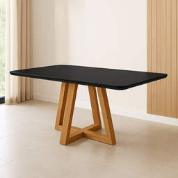 Mesa de Jantar 160x90 Tampo Mdf/vidro para 6 Lugares Pés Madeira Maciça Pérola - Mel/preto - 1