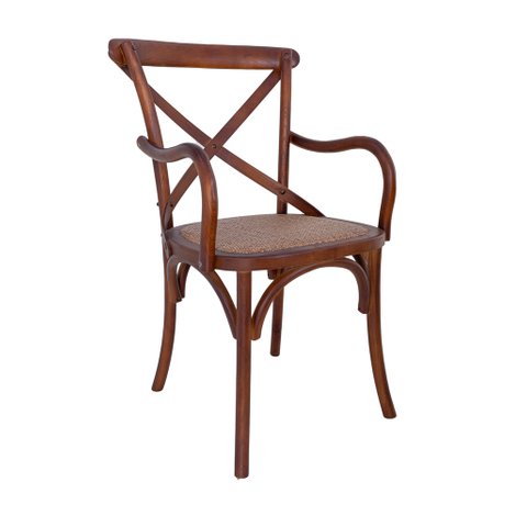 Cadeira Katrina Cross Paris com Braço. Encosto em X. Assento em Rattan Natural. Cor Castanha