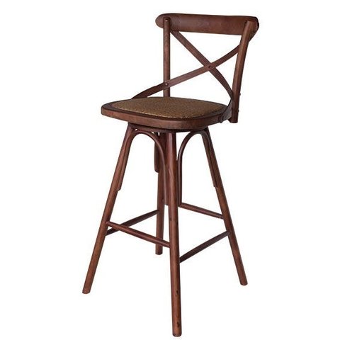 Banqueta Alta Katrina Cross Paris. Encosto em X. Assento Giratório em Rattan Natural. Cor Castanha