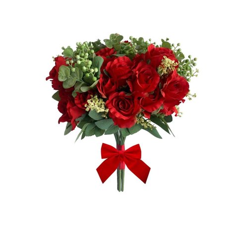 Kit 5 Buques de Rosas Artificiais com Rosas e Folhagens Cor:vermelho