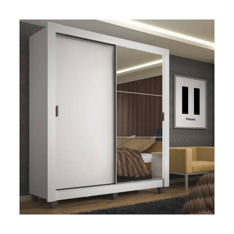 Guarda-Roupa Solteiro Madesa Denver 2 Portas de Correr com Espelho com Pés Branco Cor:Branco