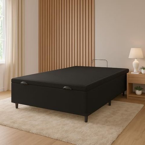 Cama Box Bau Casal Premium Blindada Super Reforçada Corino - Box Baú Preto - Corino