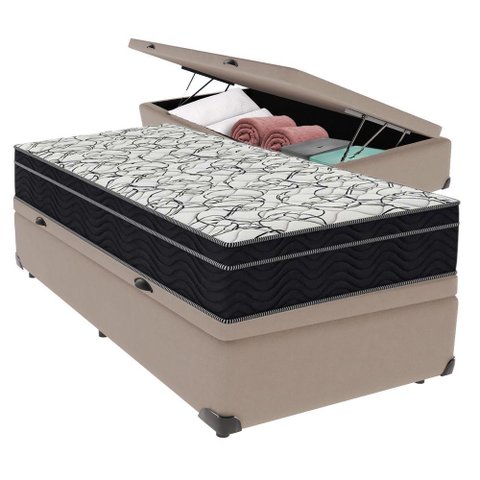 Cama Box Baú e Colchão Airtech 150 Espuma D45 Solteiro Ortobom Solteiro Bege