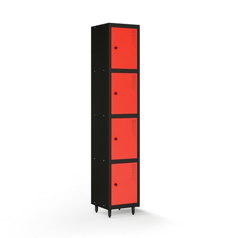 Armário Roupeiro Locker Guarda-Volume de Aço 4 Portas Pequenas com Fecho para Cadeado Vestiário Academia Vermelho/Preto