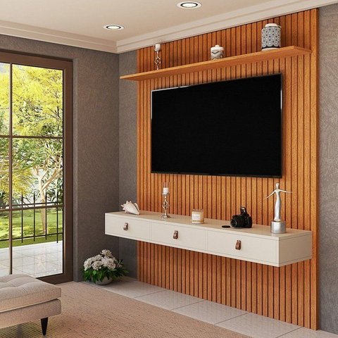 Painel para TV até 55 Polegadas Ripado MDF 250CMX184CM Royale Yescasa Naturale/Off White