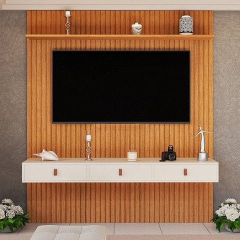 Painel para TV até 55 Polegadas Ripado MDF 250CMX184CM Royale Yescasa Naturale/Off White