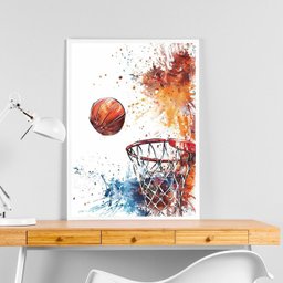 Quadro Cesta Basquete Aquarela 24x18cm:moldura Preta - 2 Quadro Cesta Basquete Aquarela 24x18cm:moldura Preta - 2