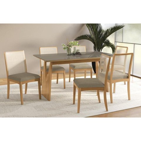 Mesa Cozinha Mila Premium Madeira Maciça C/ Tampo Madeirado C/ Vidro 160x90cm e 6 Cadeiras Lara