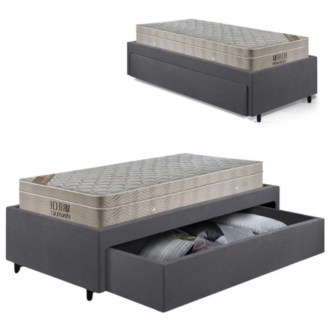Base Box Cama Solteiro Sapateira Suede Cinza e Colchão Airtech Ortobom 88x188