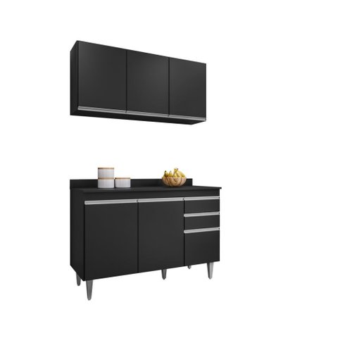 Kit de Cozinha Melissa 120cm 6 Portas 2 Gavetas com Tampo Preto Maderatto Móveis