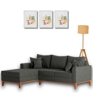 Sofá Beny com Chaise Esquerda, 3 Lugares, Estofado em Linho, Base em Madeira, 1,40x2,00m (grafite)