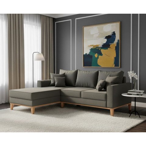 Sofá Beny com Chaise Esquerda, 3 Lugares, Estofado em Linho, Base em Madeira, 1,40x2,00m.