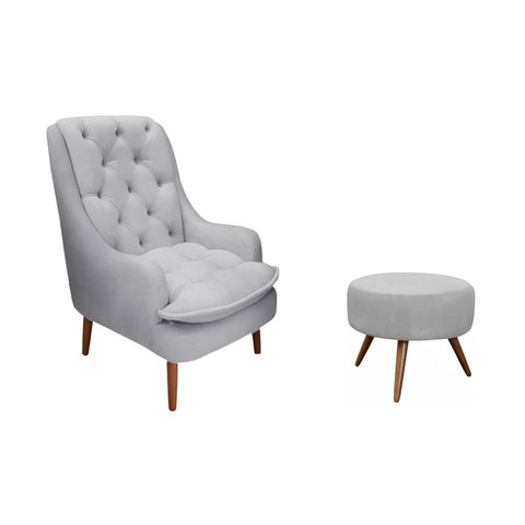 Kit Poltrona Lille e Puff Suede Cinza - Dominic Decor