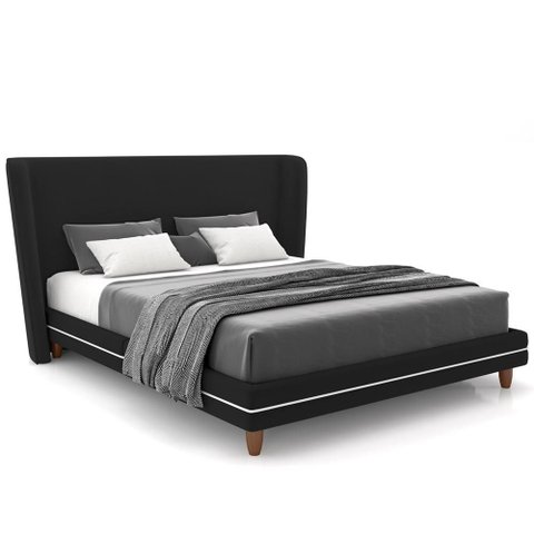 Cabeceira Casal Nilo 140cm com Cama Pés Madeira Suném P05 Veludo Preto - Lyam Decor