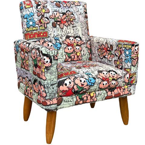 Poltrona Decorativa Infantil Para Quarto Sala De Brinquedos Suede Estampa Mônica Pé Castanho