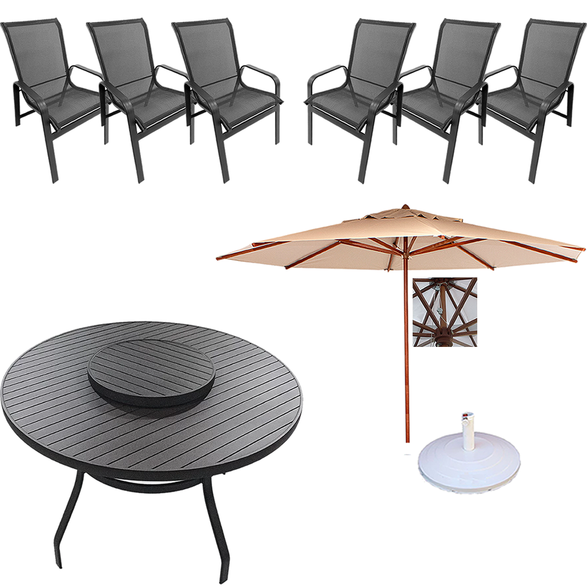 Conjunto de Mesa Giratória 6 Cadeiras e Guarda Sol para Piscina e Jardim