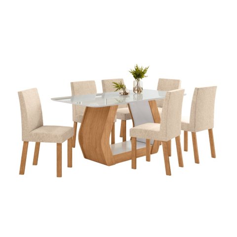 Conjunto Sala de Jantar Mesa Laini 160 Tampo Vidro Off White com 6 Cadeiras Laini - Lopas Amendoa Cl