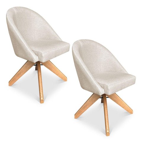Kit 02 Poltronas Cadeira Giratória Bela Linho Bege Base de Madeira - Pallazio
