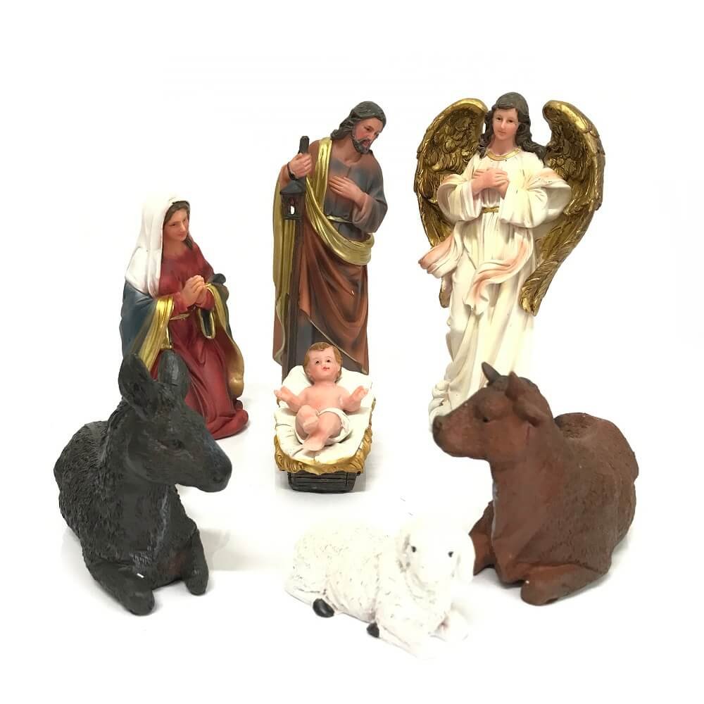 Presépio de Natal Sagrada Família com Anjo Resina 7 Peças