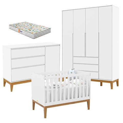Quarto de Bebê Nature Clean 4 Portas com Berço Unique Branco Soft Eco Wood e Colchão Gazin – Matic