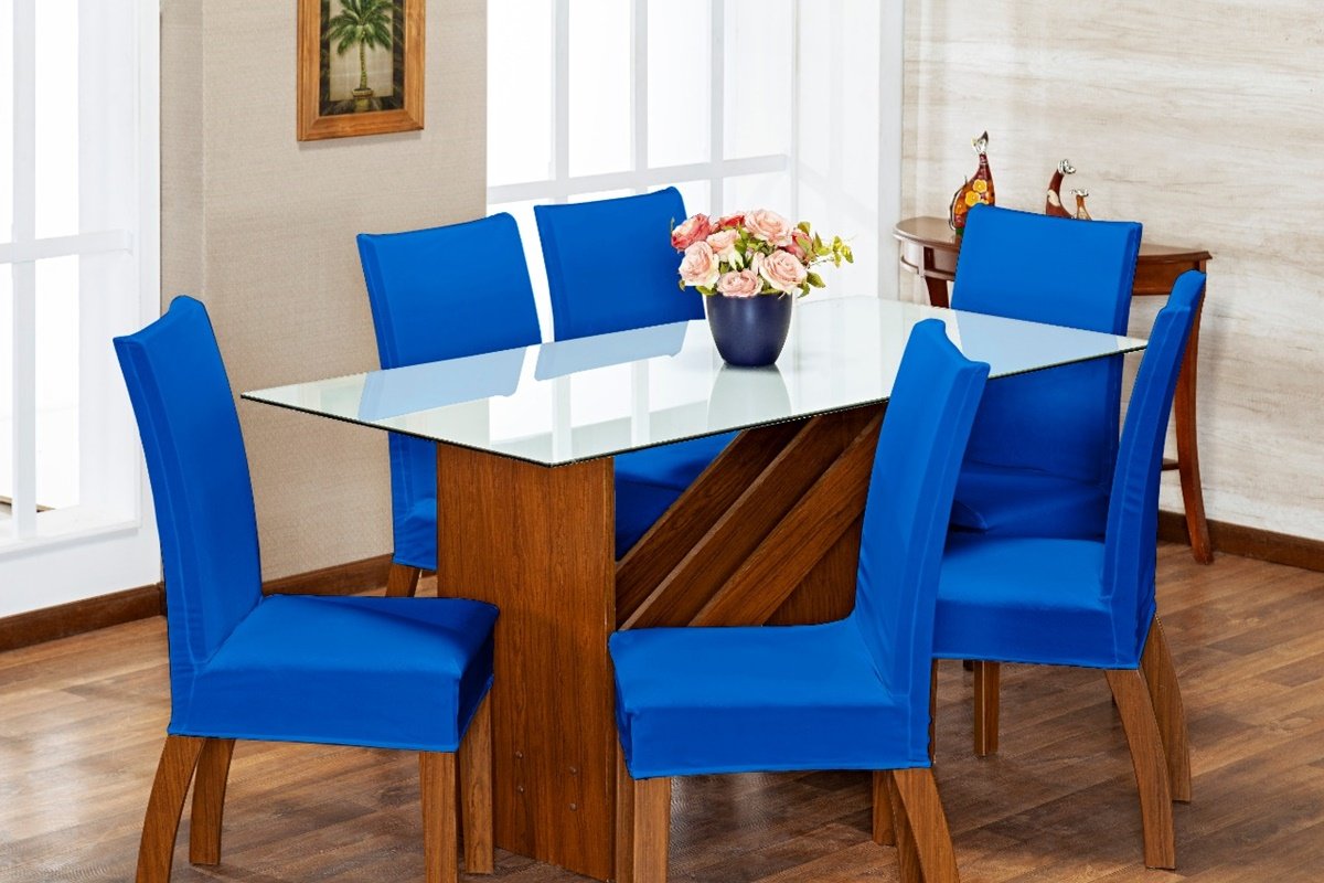 Kit Capa de Cadeira 4 Peças Sala de Jantar Protege o Estofado Renova o Visual Malha Gel Azul Royal