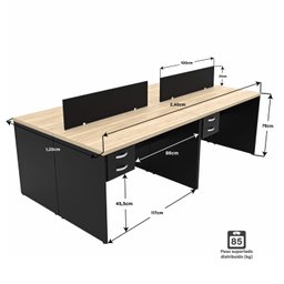Estação de Trabalho Mesas 120x60cm 4 Lugares C/ Gav Netmobil - Dubai/preto - 5