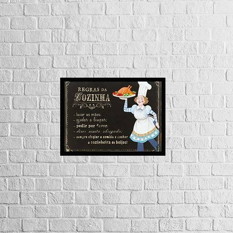 Quadro Regras Da Cozinha 24x18cm - com vidro:Madeira preta