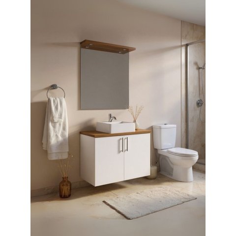 Gabinete para Banheiro com Cuba e Espelho com Led 80cm Mdf Freijo com Branco Paris - On Móveis