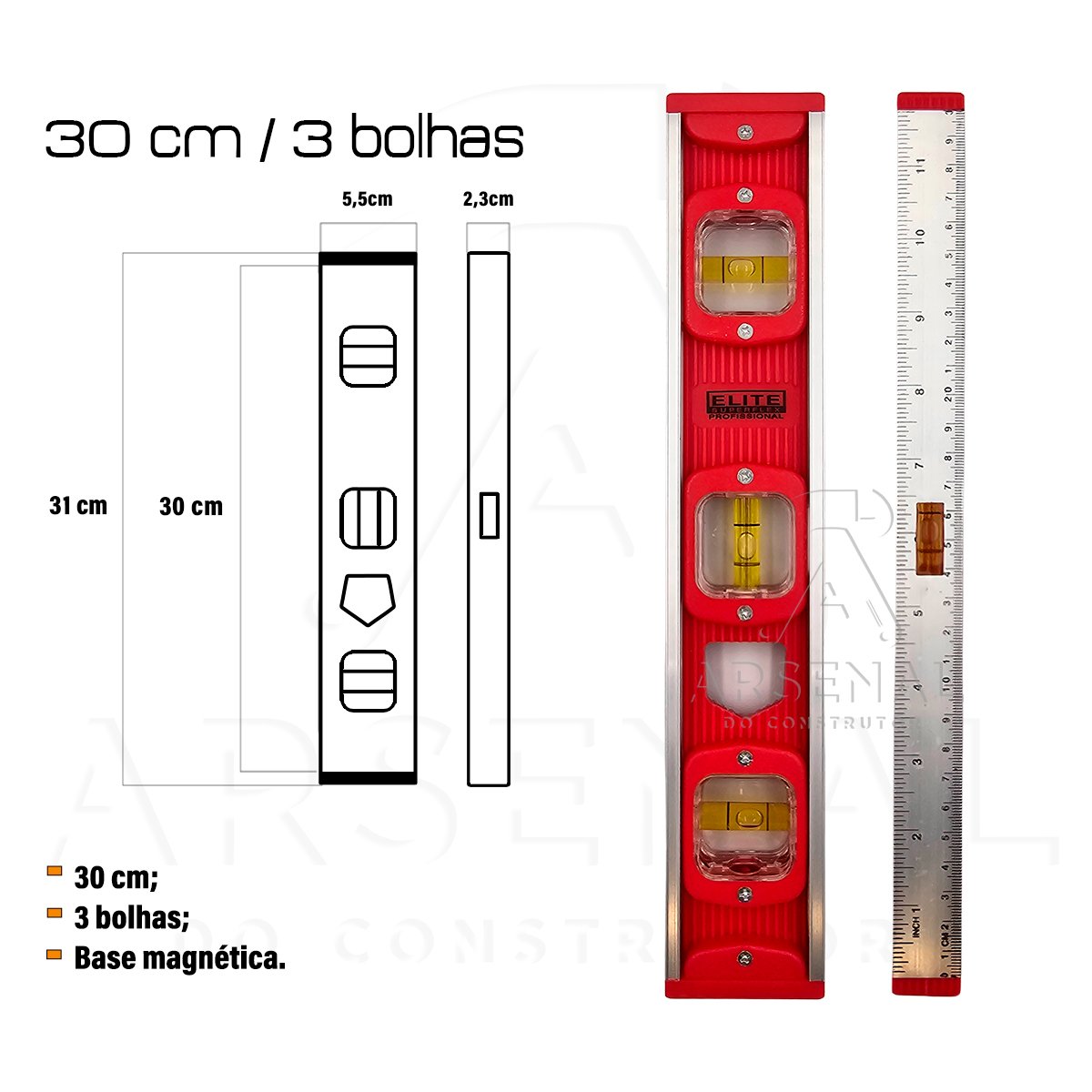 Nível 30cm Base Magnética 3 Bolhas Profissional Elite - 2